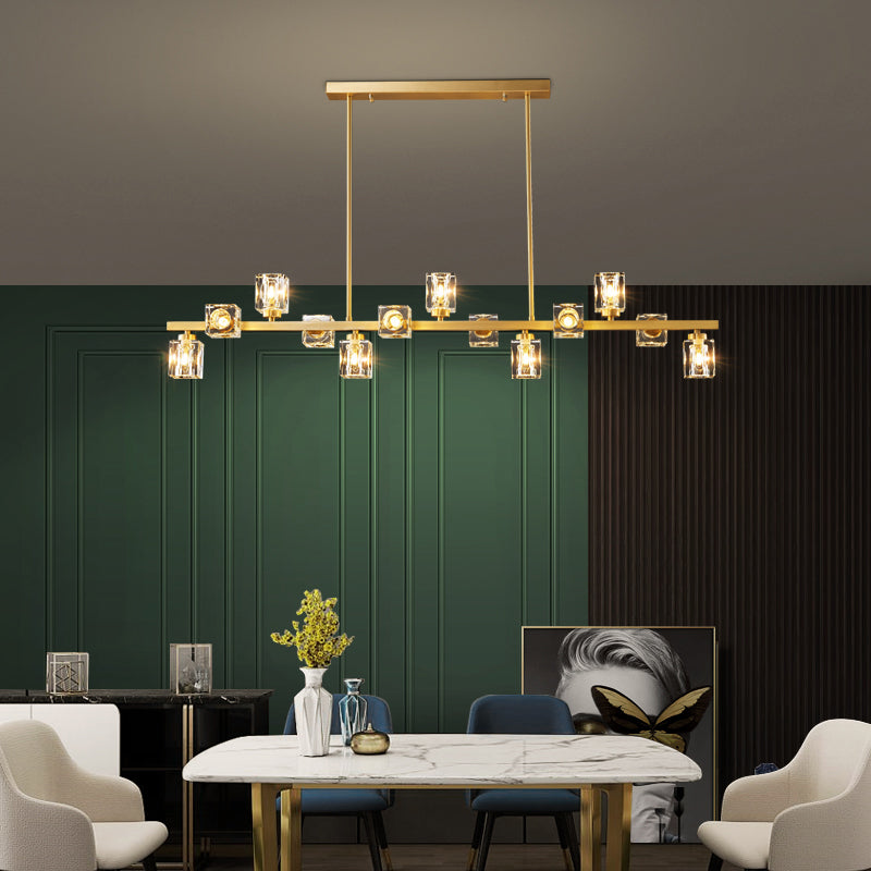 Contemporary Island Light Fixture Crystal Cube Island Lights in Gold for Kitchen