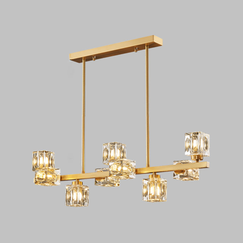 Contemporary Island Light Fixture Crystal Cube Island Lights in Gold for Kitchen