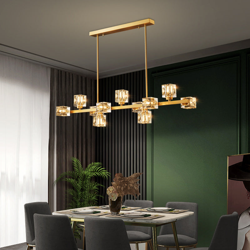 Contemporary Island Light Fixture Crystal Cube Island Lights in Gold for Kitchen