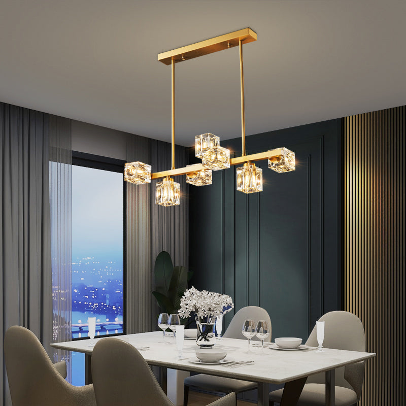 Contemporary Island Light Fixture Crystal Cube Island Lights in Gold for Kitchen
