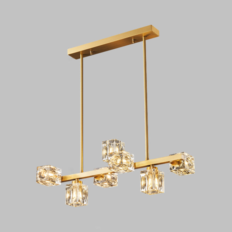 Contemporary Island Light Fixture Crystal Cube Island Lights in Gold for Kitchen