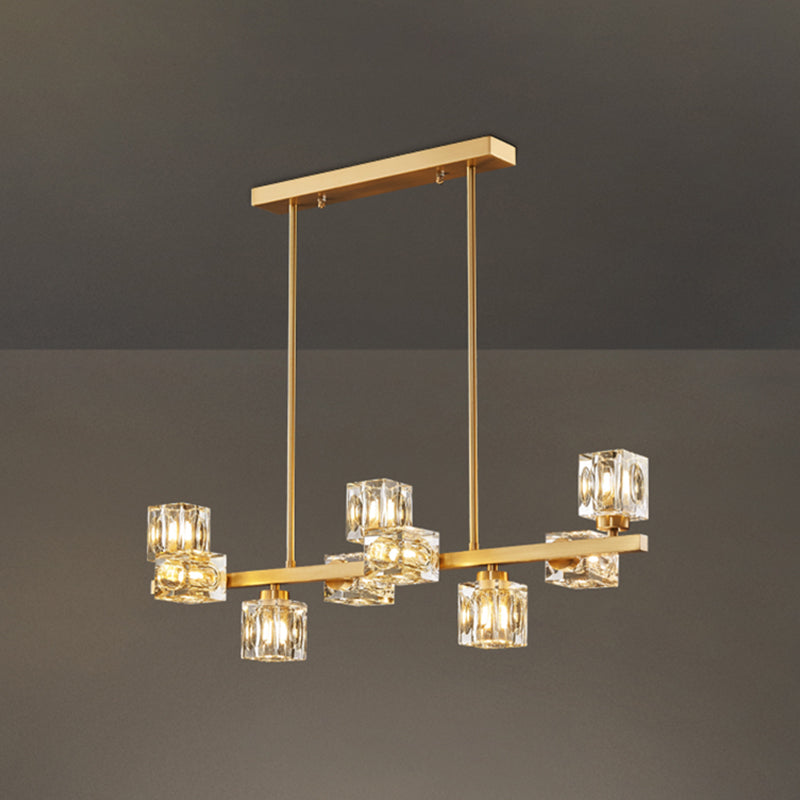 Contemporary Island Light Fixture Crystal Cube Island Lights in Gold for Kitchen