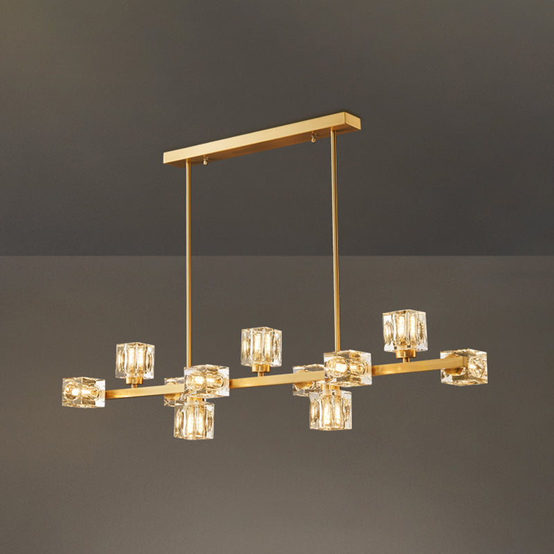 Contemporary Island Light Fixture Crystal Cube Island Lights in Gold for Kitchen