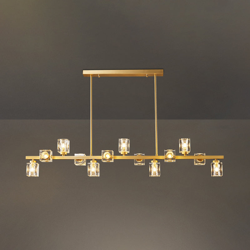 Contemporary Island Light Fixture Crystal Cube Island Lights in Gold for Kitchen