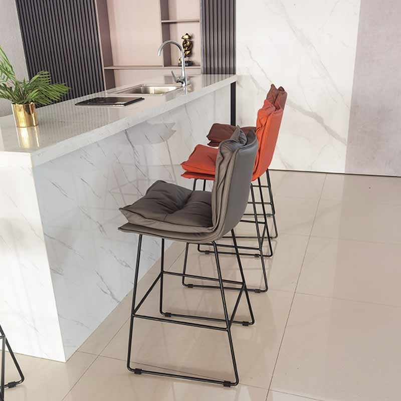 Scandinavian Leather Counter Stools Black Metal Low Back Bar Stools with Footrest