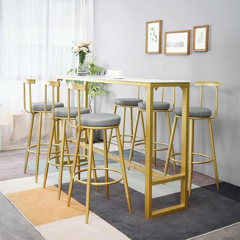 Glam Rectangle Stone Pub Bar Table Gold Iron Bar Dining Table with Trestle Pedestal