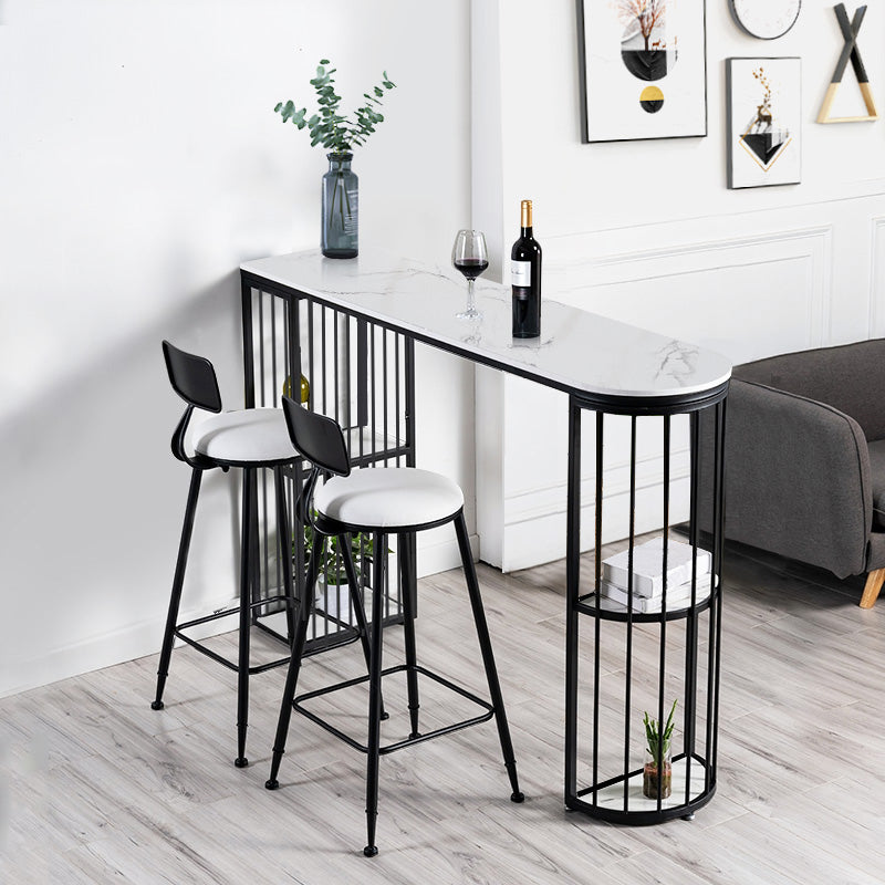 Glam White Faux Marble Pub Bar Table Iron Double Pedestal Bar Dining Table with 4-Shelf