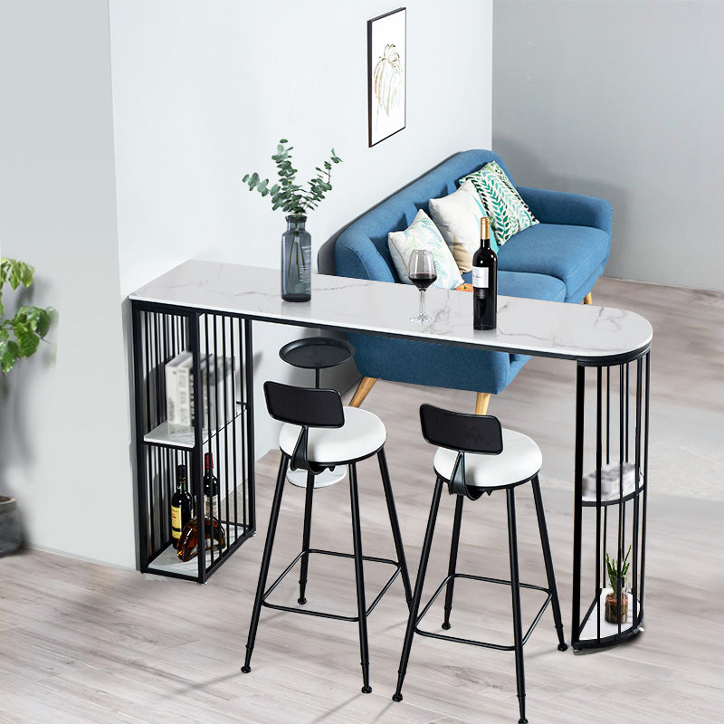 Glam White Faux Marble Pub Bar Table Iron Double Pedestal Bar Dining Table with 4-Shelf