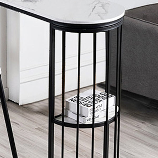 Glam White Faux Marble Pub Bar Table Iron Double Pedestal Bar Dining Table with 4-Shelf