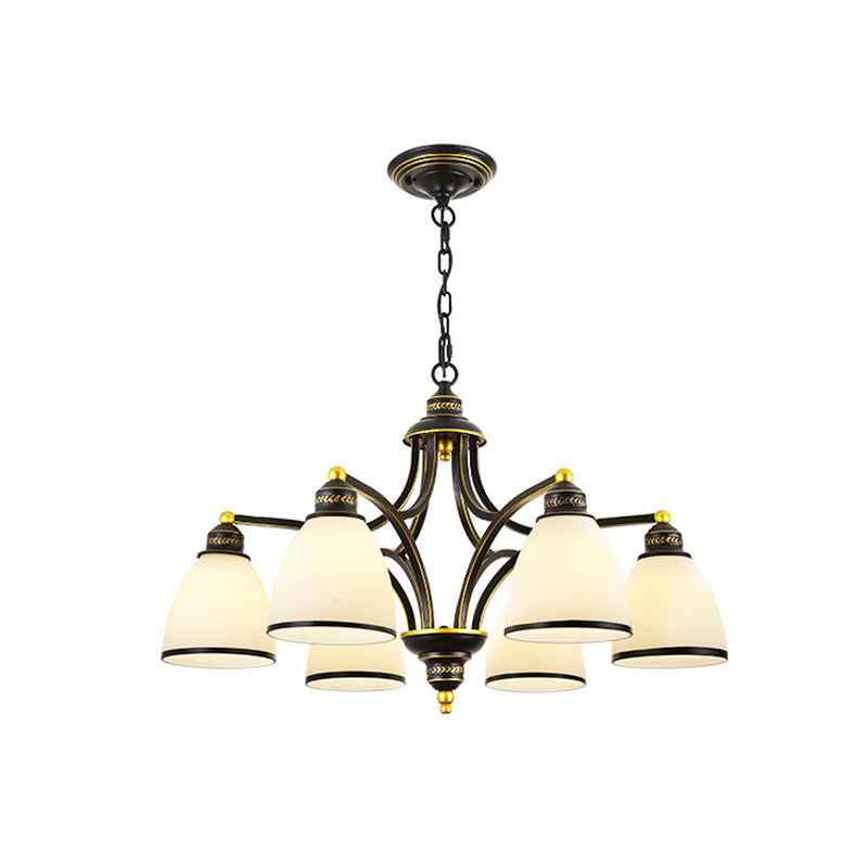American Style Hanging Chandelier White Glass Shade Chandelier Light Fixture in Black