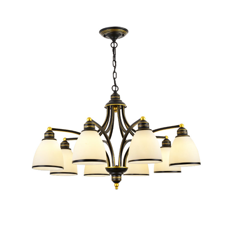 American Style Hanging Chandelier White Glass Shade Chandelier Light Fixture in Black