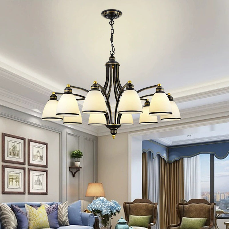 American Style Hanging Chandelier White Glass Shade Chandelier Light Fixture in Black