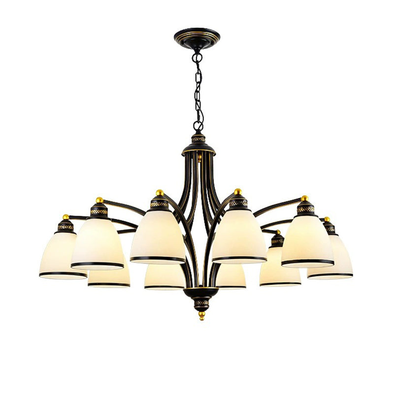 American Style Hanging Chandelier White Glass Shade Chandelier Light Fixture in Black