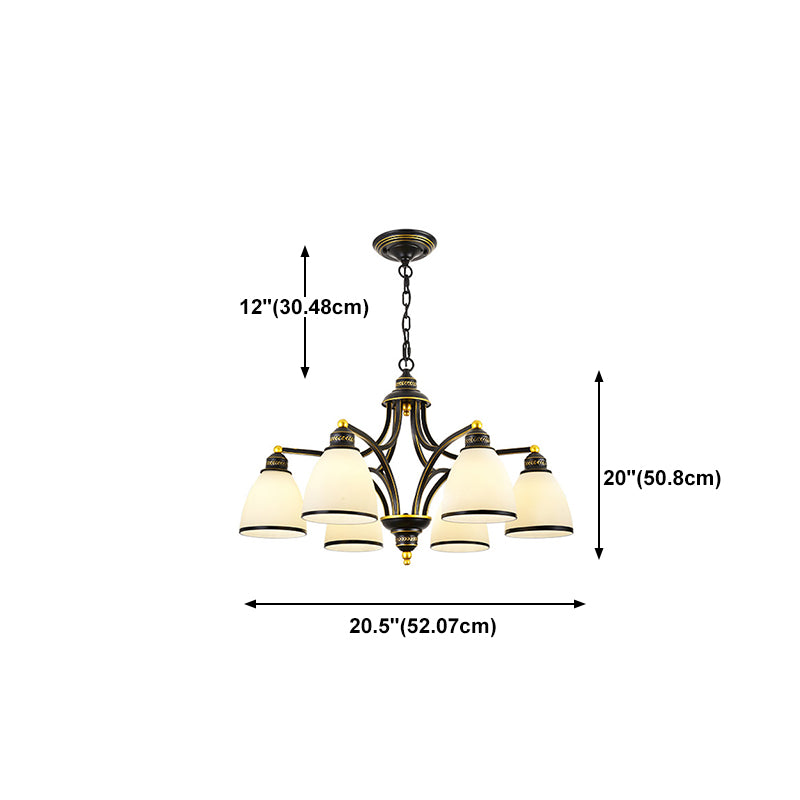 American Style Hanging Chandelier White Glass Shade Chandelier Light Fixture in Black