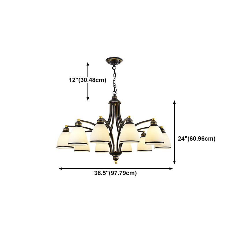 American Style Hanging Chandelier White Glass Shade Chandelier Light Fixture in Black