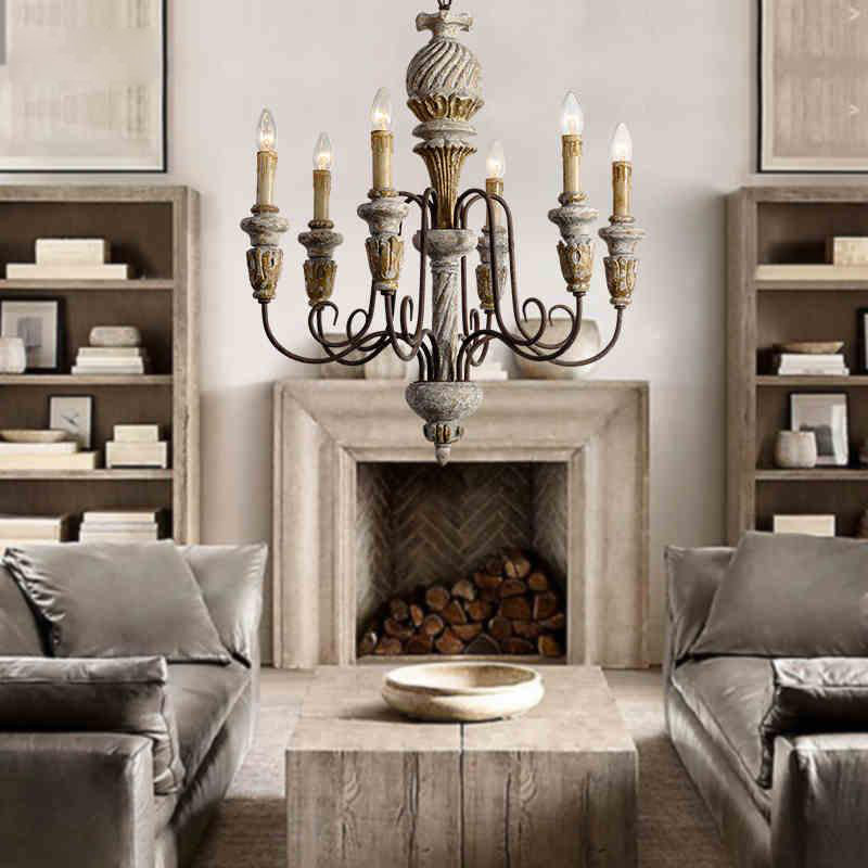 Wood Metal Hanging Chandelier Candle 6 Light Chandelier Lighting for Living Room