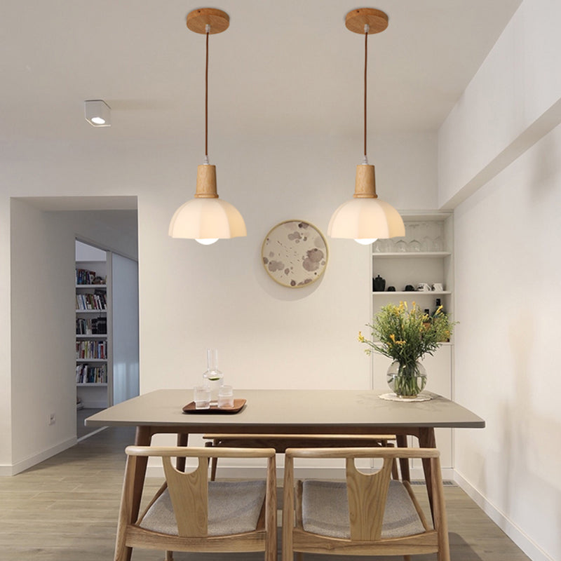 Bowl Shade Dining Room Pendent lampe blanc Verre nordique Style suspendu luminaire en bois