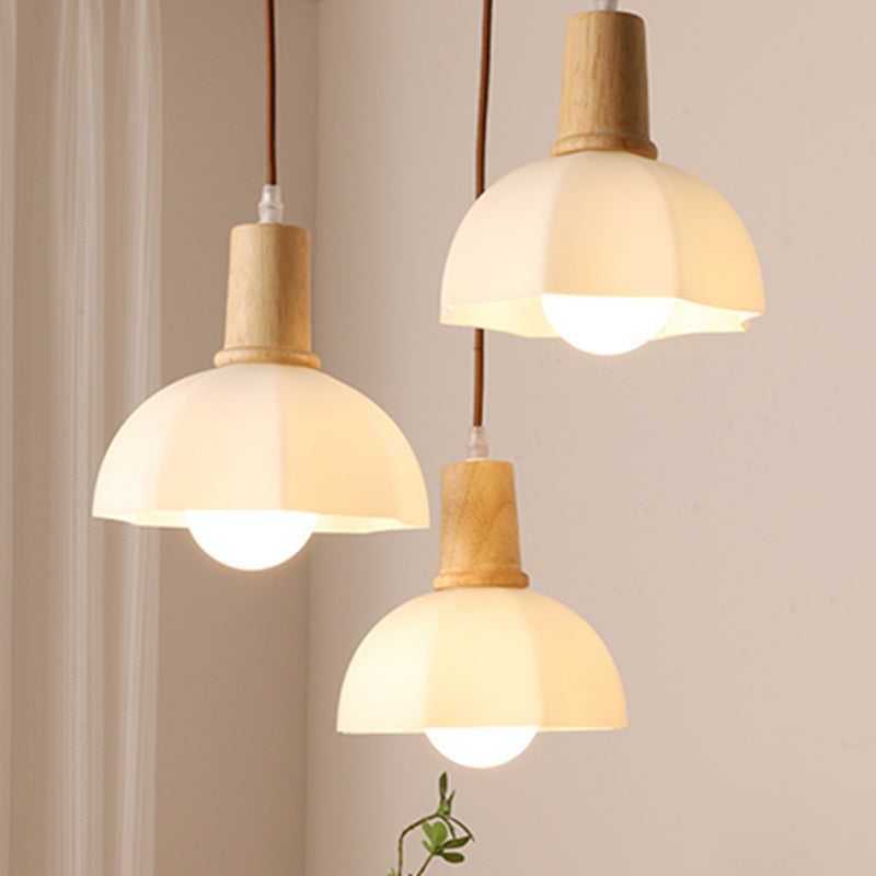 Bowl Shade Dining Room Pendent lampe blanc Verre nordique Style suspendu luminaire en bois