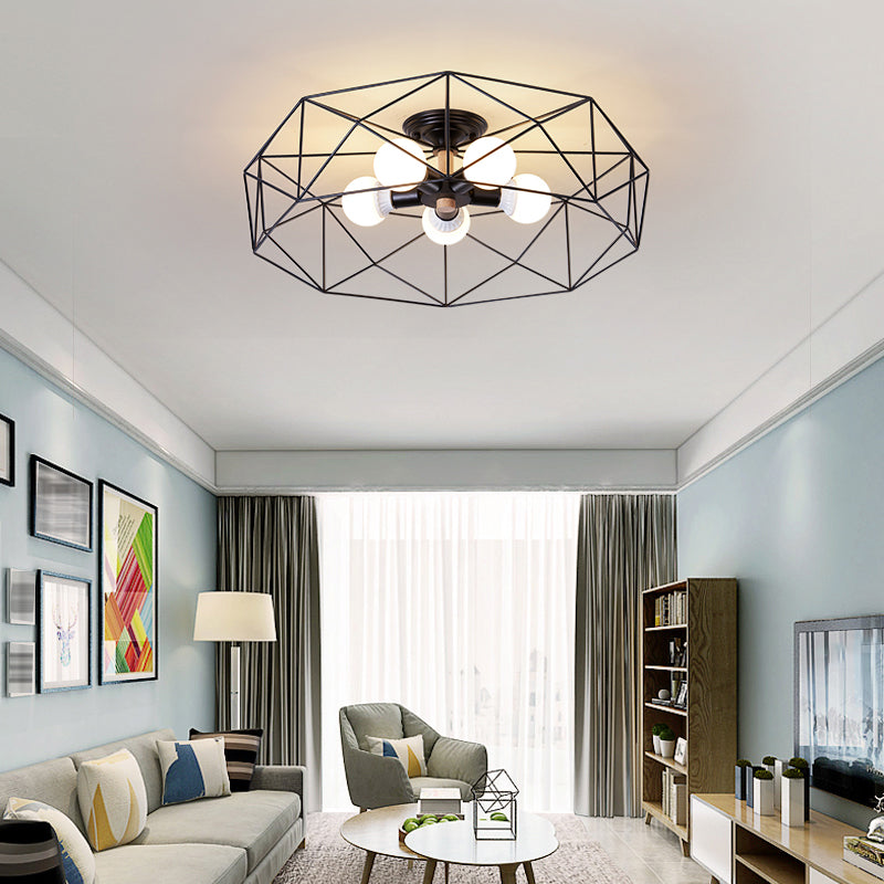 Industrial Flush Light Fixtures Cage-Shaped Iron Flush Mount Lamps for Bedroom