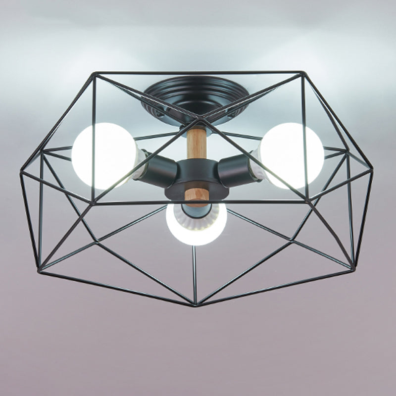 Industrial Flush Light Fixtures Cage-Shaped Iron Flush Mount Lamps for Bedroom