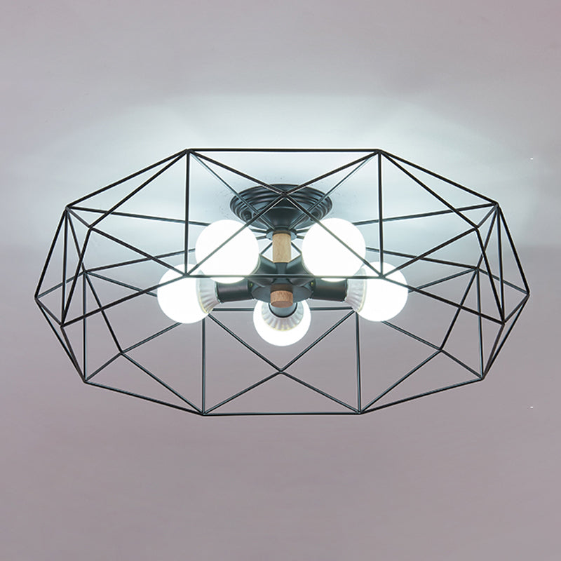 Industrial Flush Light Fixtures Cage-Shaped Iron Flush Mount Lamps for Bedroom