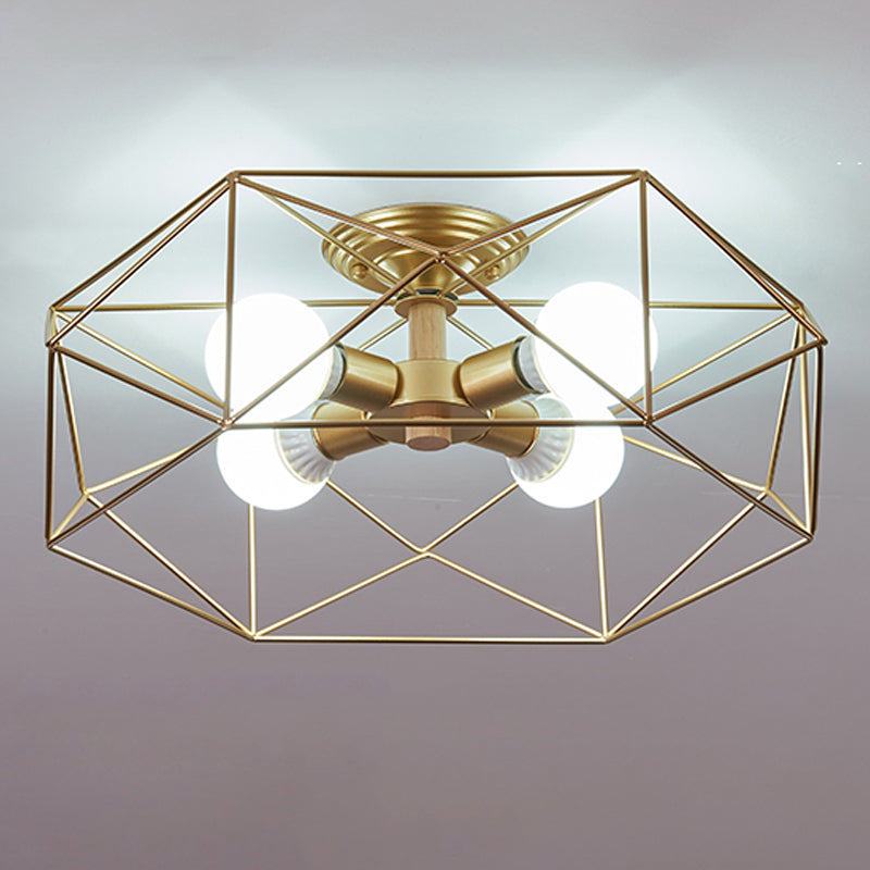 Industrial Flush Light Fixtures Cage-Shaped Iron Flush Mount Lamps for Bedroom