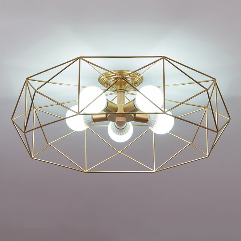 Industrial Flush Light Fixtures Cage-Shaped Iron Flush Mount Lamps for Bedroom