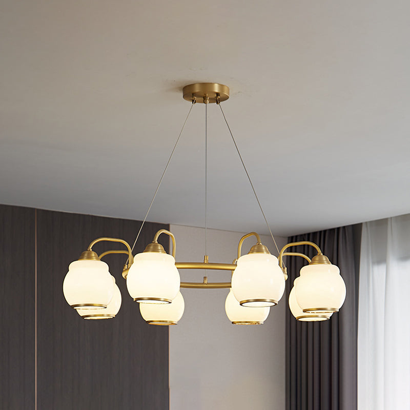 Modern Luxury Indoor Pendant Light Copper Geometric Chandelier with White Glass Shade