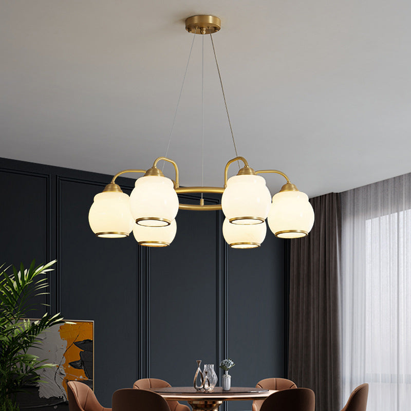 Modern Luxury Indoor Pendant Light Copper Geometric Chandelier with White Glass Shade