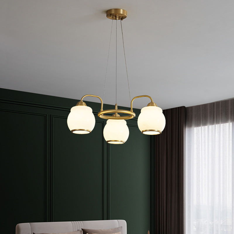 Modern Luxury Indoor Pendant Light Copper Geometric Chandelier with White Glass Shade