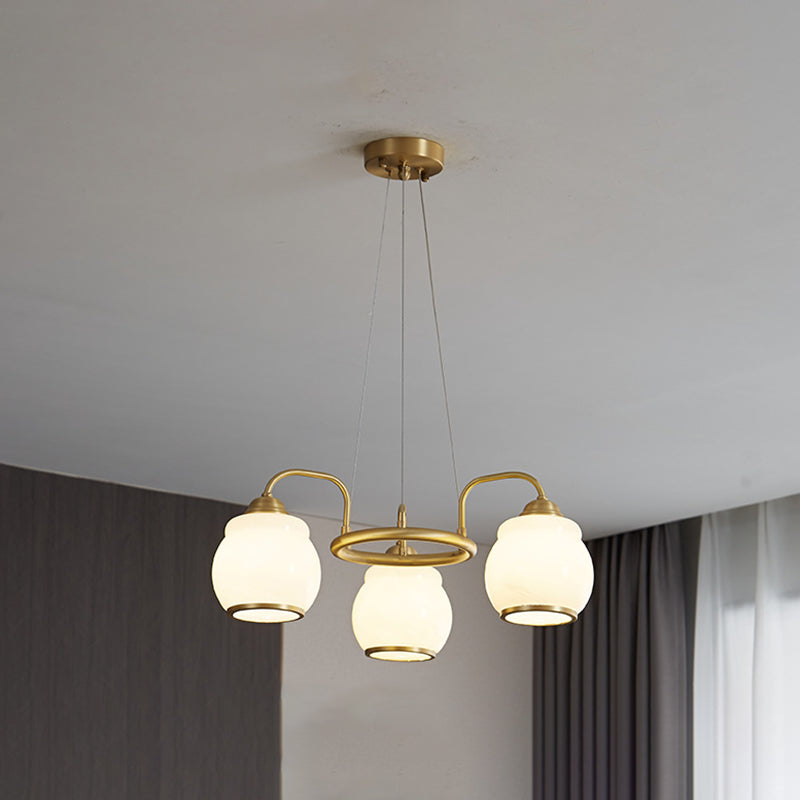 Modern Luxury Indoor Pendant Light Copper Geometric Chandelier with White Glass Shade