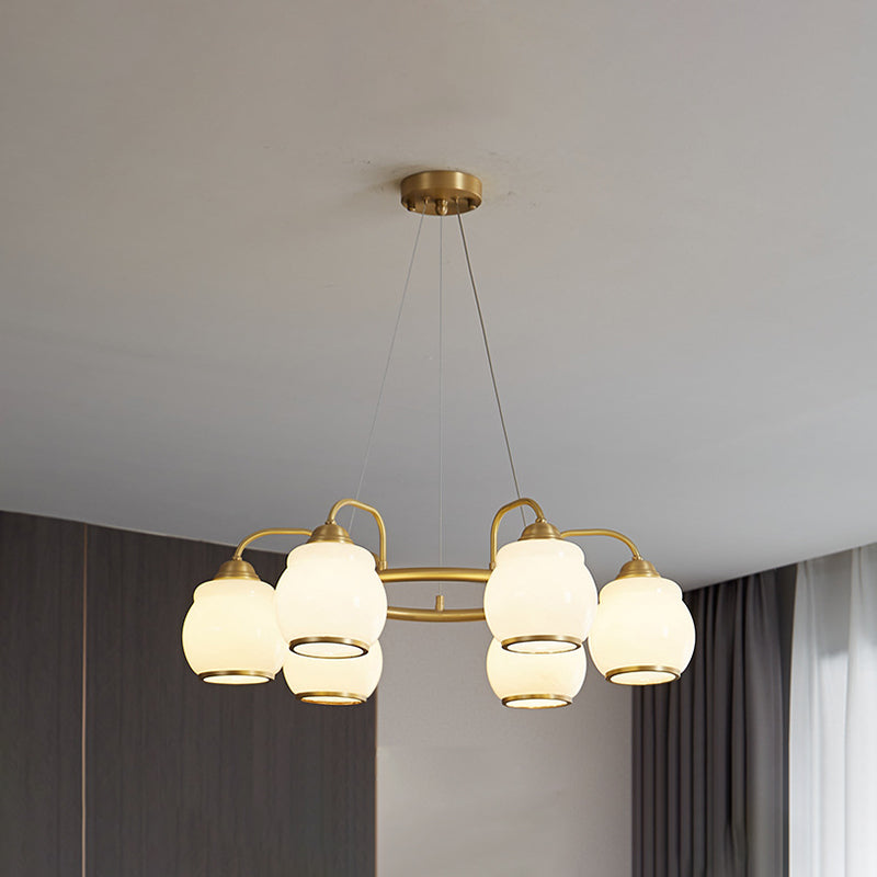 Modern Luxury Indoor Pendant Light Copper Geometric Chandelier with White Glass Shade