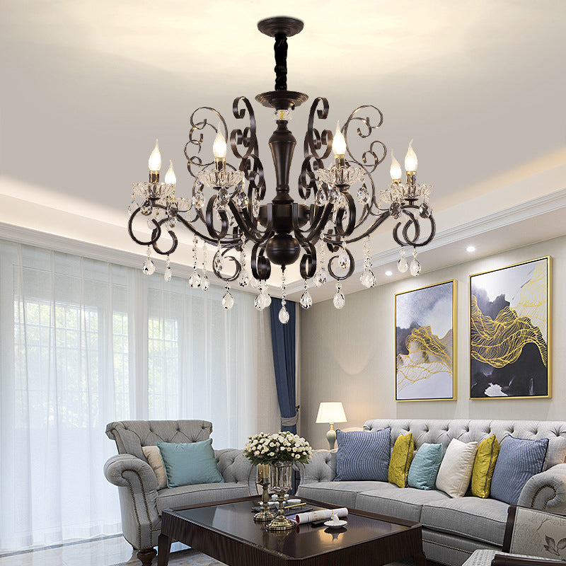 Black Chandelier Lamp Vintage Metal Candle Chandelier Lighting Fixtures with Crystal Drop