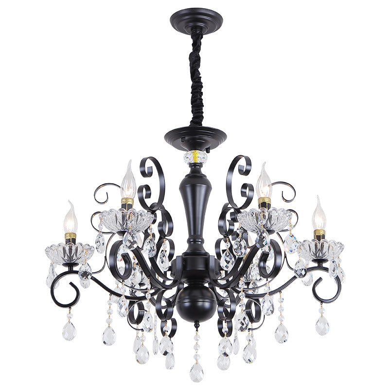 Black Chandelier Lamp Vintage Metal Candle Chandelier Lighting Fixtures with Crystal Drop
