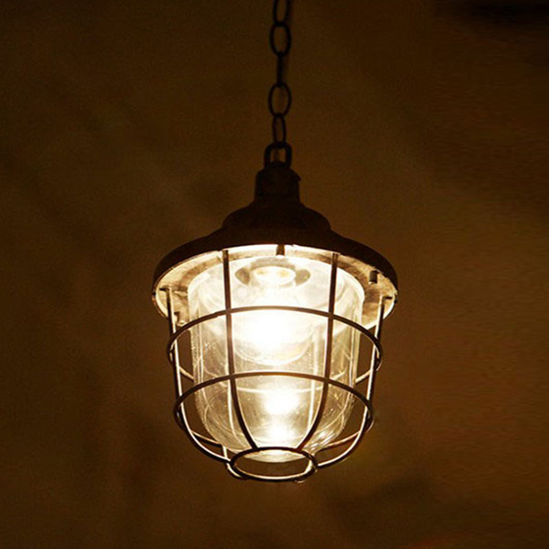 Caged Clear Glass Small Pendant Factory Style 1 Bulb Hanging Light for Restaurant