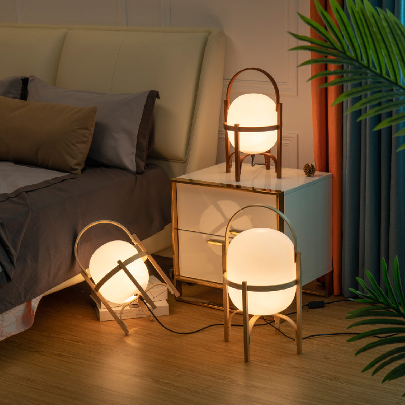 Modern Wooden Table Light 1-Light Bedroom Nightstand Lamp with Globe Glass Shade