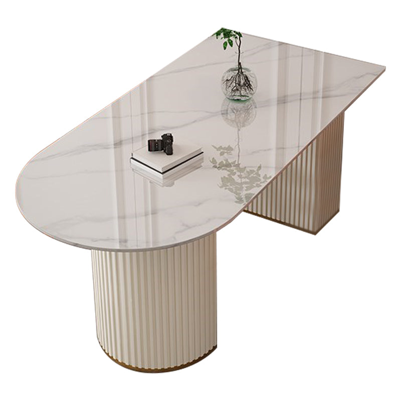 Sintered Stone White Table for Restaurant Modern Dining Table with Double Pedestal Base