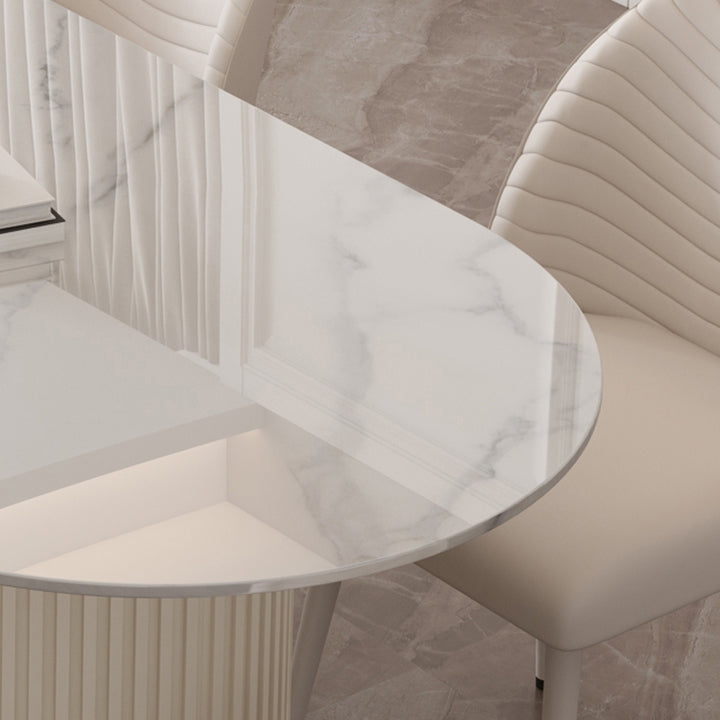 Weißer Esstisch aus gesintertem Stein im Luxusstil mit doppeltem Sockel