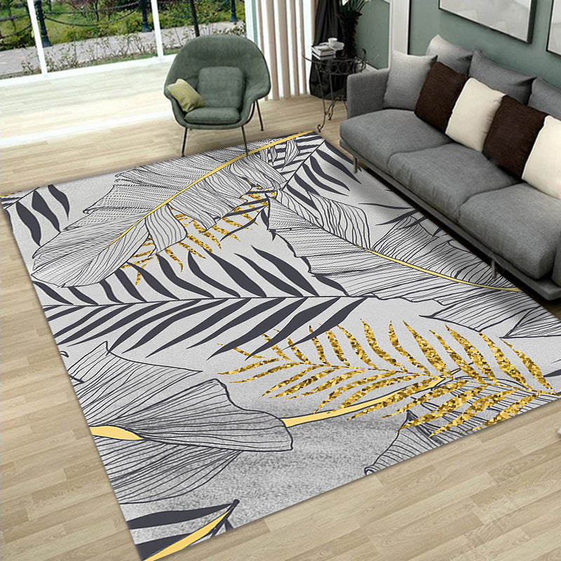 Gray Casual Rug Polyester Leaves Rug Stain Resistant Rug for Lving Room