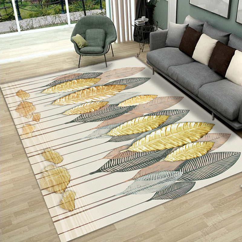 Gray Casual Rug Polyester Leaves Rug Stain Resistant Rug for Lving Room