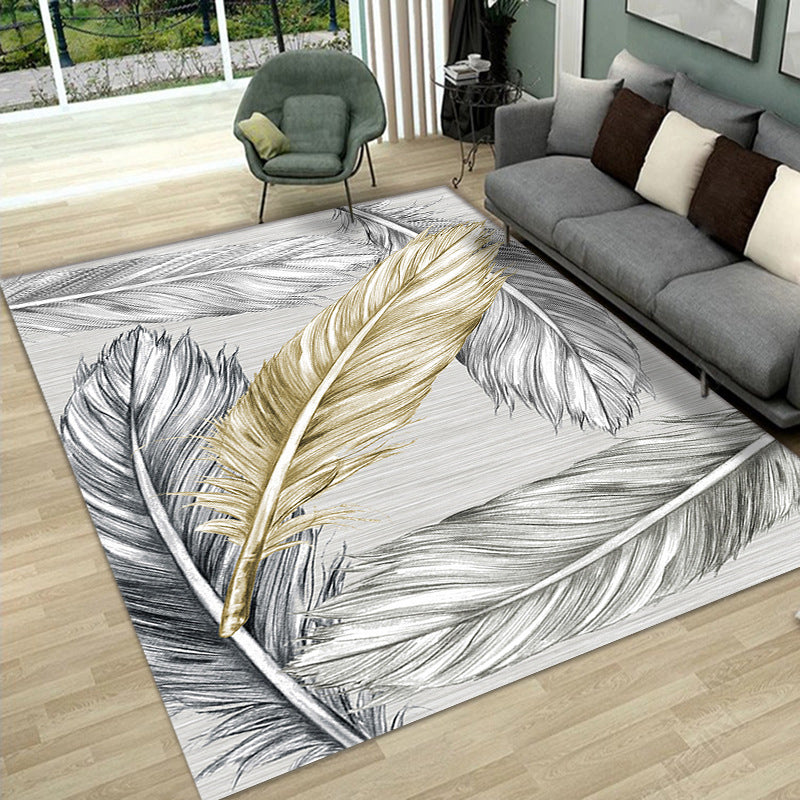 Gray Casual Rug Polyester Leaves Rug Stain Resistant Rug for Lving Room