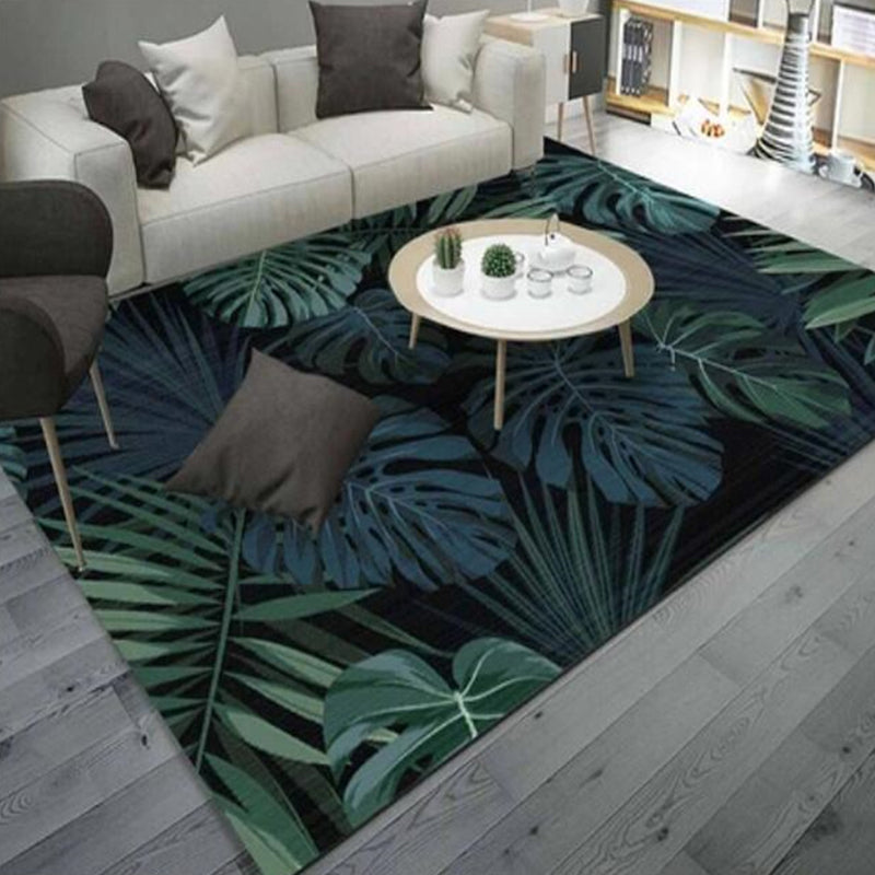 Dark Green Botanical Rug Polyester Modern Rug Stain Resistant Rug for Living Room