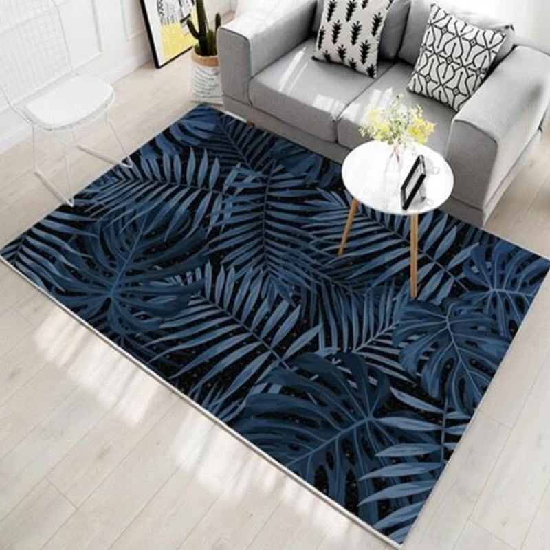 Dark Green Botanical Rug Polyester Modern Rug Stain Resistant Rug for Living Room