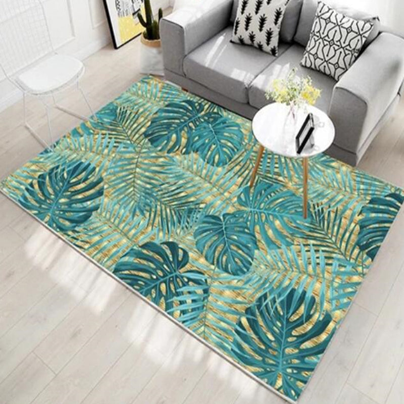 Dark Green Botanical Rug Polyester Modern Rug Stain Resistant Rug for Living Room