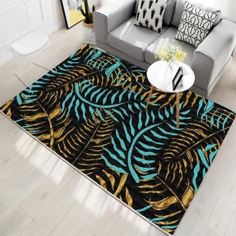 Dark Green Botanical Rug Polyester Modern Rug Stain Resistant Rug for Living Room
