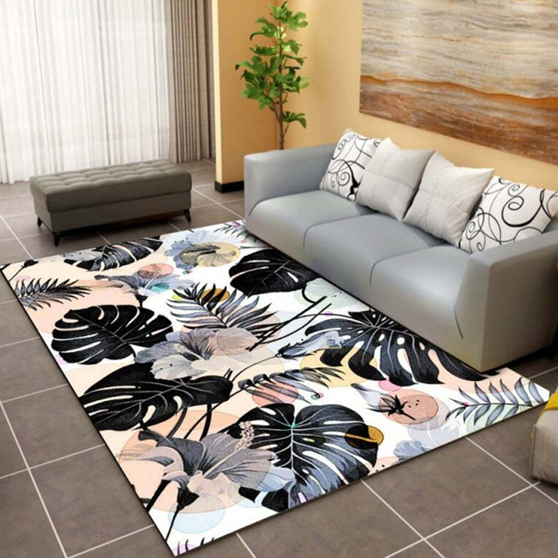 Dark Green Botanical Rug Polyester Modern Rug Stain Resistant Rug for Living Room