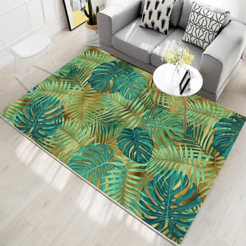 Dark Green Botanical Rug Polyester Modern Rug Stain Resistant Rug for Living Room