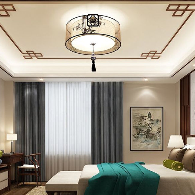 Geometry Shape Ceiling Lamp Tradition Iron Flush Mount with Fabric Lampshade for Bedroom
