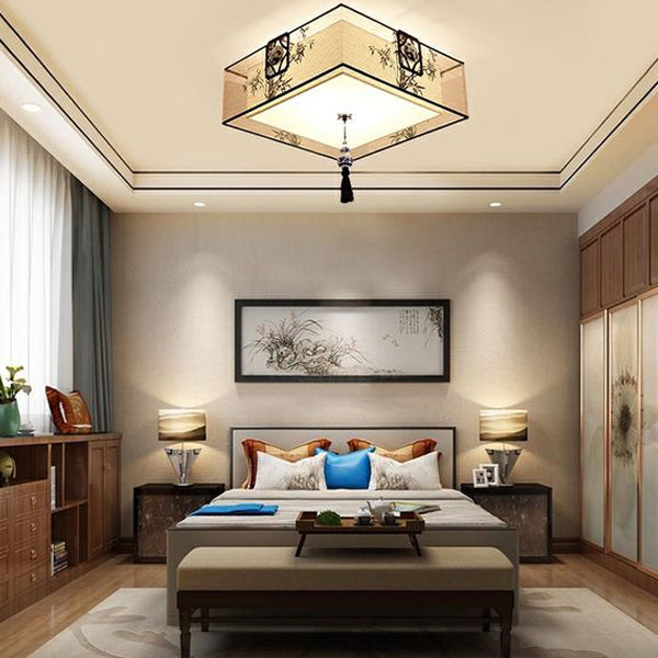 Geometry Shape Ceiling Lamp Tradition Iron Flush Mount with Fabric Lampshade for Bedroom