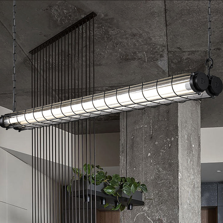 Black Metal Island Light Fixture Industrial Cylinder LED Hanging Lamp with Glass Shade